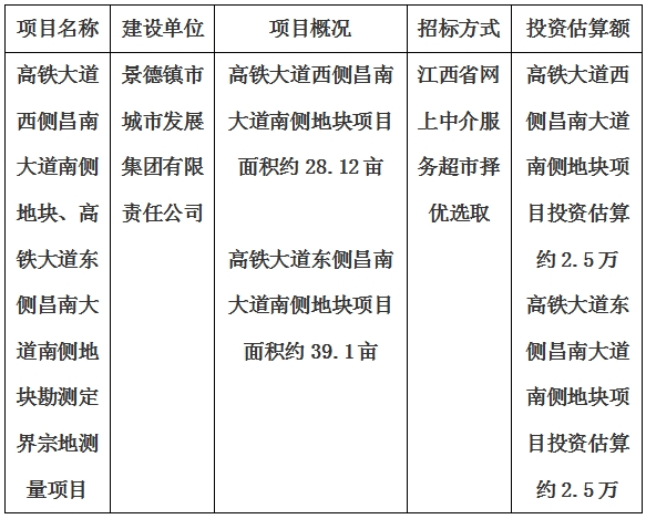 景德鎮(zhèn)市高鐵大道西側(cè)昌南大道南側(cè)地塊、高鐵大道東側(cè)昌南大道南側(cè)地塊勘測(cè)定界宗地測(cè)量項(xiàng)目計(jì)劃公告