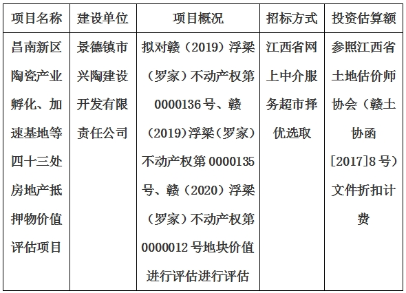 昌南新區(qū)陶瓷產(chǎn)業(yè)孵化、加速基地等四十三處房地產(chǎn)抵押物價值評估單位選取計劃公告