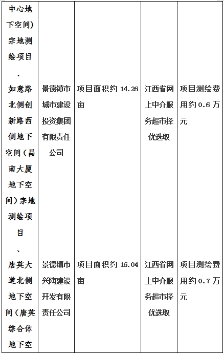 景德鎮(zhèn)市昌南新區(qū)LJ1-03-A01-1地塊、瓷都大道東側中渡口地下空間（格蘭云天大酒店地下空間）、光明大道北側利民路西側地下空間（青少年宮地下空間）、規(guī)劃二路北側地下空間地塊二（加速基地地下空間）、規(guī)劃二路北側地下空間地塊一（加速基地地下空間）、景德大道南側天寶橋西側地塊、景興大道東側如意路北側地下空間(社會公共服務