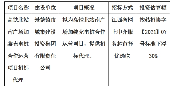高鐵北站南廣場加裝充電樁合作運(yùn)營項目招標(biāo)代理計劃公告