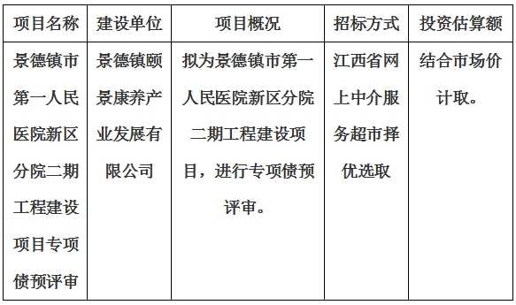 景德鎮(zhèn)市第一人民醫(yī)院新區(qū)分院二期工程建設項目專項債預評審計劃公告